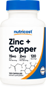 Nutricost cápsulas de zinc y cobre, bote para uso diario y apoyo de micronutrientes.