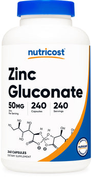 Nutricost Zinc Gluconate bottle label with 240 vegetarian capsules.