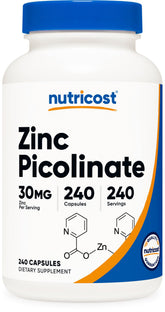 Nutricost Zinc Picolinate 30mg capsules bottle for daily zinc support, gluten-free and vegetarian.