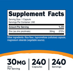Nutricost Zinc Picolinate 30mg capsules pour showing easy daily dosing for wellness.