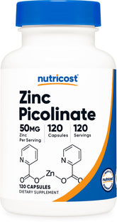 Nutricost Zinc Picolinate 50mg bottle front view, gluten-free.