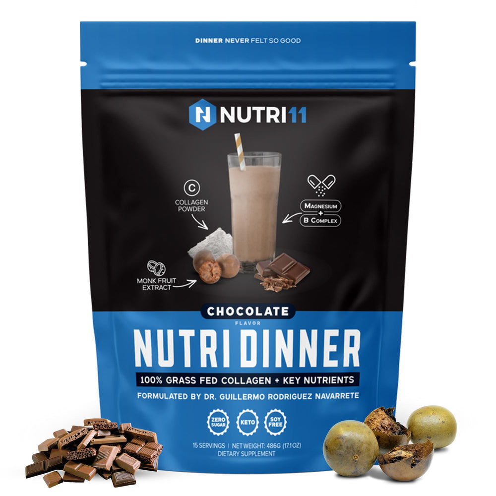 NutriDinner bottle pour showing grass-fed collagen benefits for restful sleep.