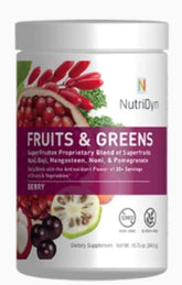 NutriDyn Fruits and Greens Berry bottle highlights organic superfoods for daily antioxidant support.