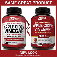 NutriFlair Apple Cider Vinegar capsules label closeup emphasizing The Mother.