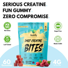 Nutrify Daily Creatine Gummies label detail highlights creatine monohydrate and vitamin B12.