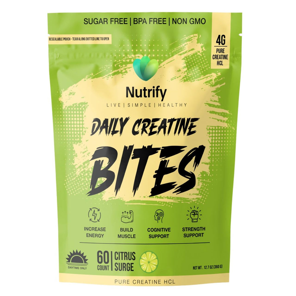 Nutrify Daily Creatine Gummies packaging front, convenient daily supplement for workouts