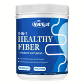 NutriGut Fiber bottle front shows product packaging for daily prebiotic support.