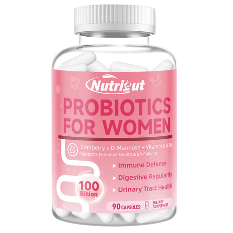 NutriGut Probiotiques Femmes – flacon et gélules, soutien digestif potentiel et équilibre intestinal.