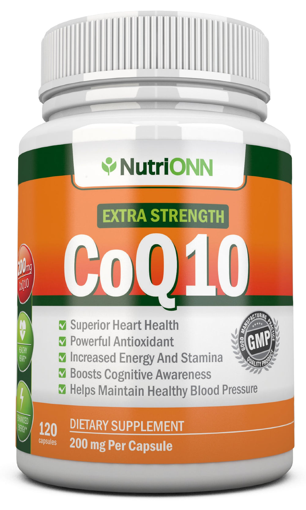 NutriONN CoQ10 bottle front view showing 4‑month supply for daily energy support