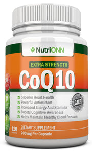 NutriONN CoQ10 bottle front view showing 4‑month supply for daily energy support