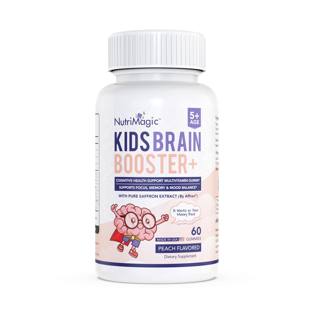 NutriMagic Kids Brain Booster gummies with Affron saffron support focused study sessions.