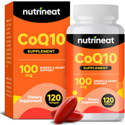 NutriNeat CoQ10 softgels bottle pouring, easy daily energy support