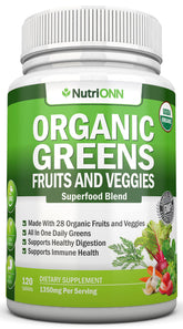 NutriONN Organic Super Greens bottle showing convenient capsule format for daily nutrition.