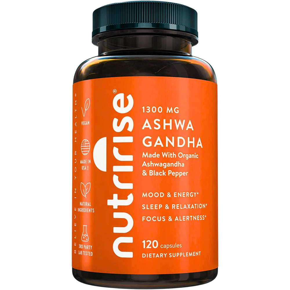 NutriRise Ashwagandha bottle front view with calm energy support