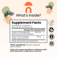 NutriRise Ashwagandha capsules pour highlighting 1300mg potency for stress support.