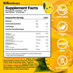 Nutrisnaps sugar-free lemon gummies on a spoon for easy daily calcium intake