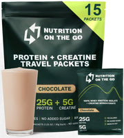 Nutrition On The Go whey protein isolate packet chocolate front view for on-the-go protein