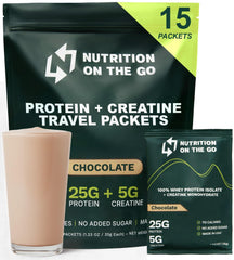 Nutrition On The Go whey protein isolate packet chocolate front view for on-the-go protein