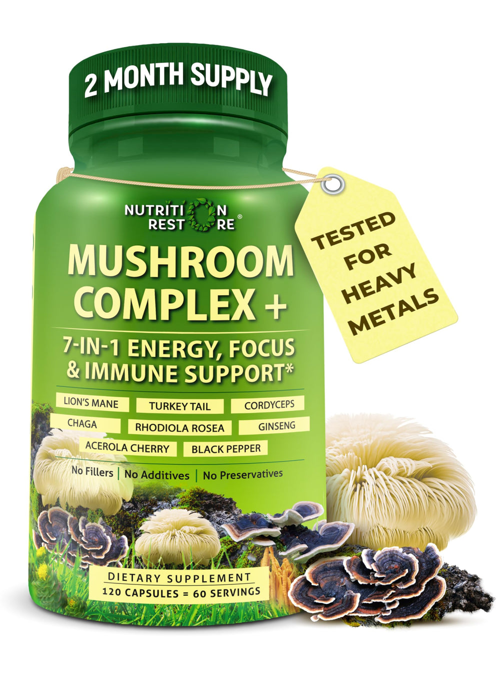 Nutrition Restore Organic Mushroom Complex bottle with capsules for daily energy and immune support