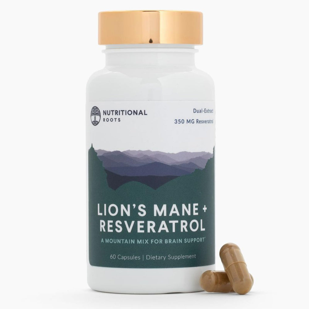 Nutritional Roots Lion’s Mane + Resveratrol bottle for convenient brain and heart support.