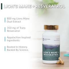 Nutritional Roots Lion’s Mane + Resveratrol capsules close-up, easy daily use for focus and vitality.