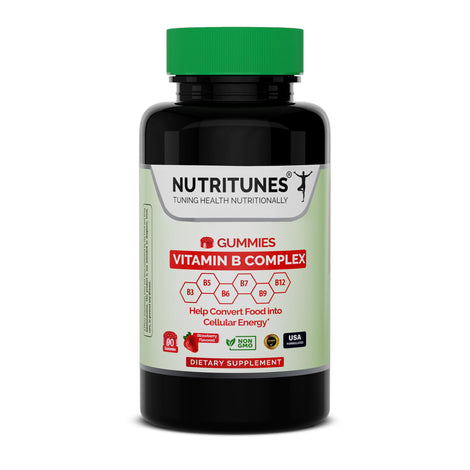 Nutritunes Vitamin B Complex Gummies bottle front for easy daily supplementation.