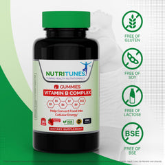 Nutritunes Vitamin B Complex Gummies strawberry close-up highlighting delicious flavor.