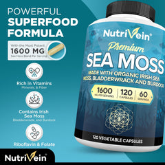 Nutrivein Sea Moss 1600mg label highlights vegan ingredients