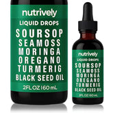 Nutrively Soursop Drops bottle shows the natural blend for daily vitality.