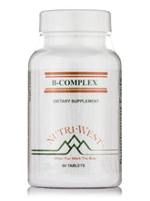 Nutri-West B-Complex bottle label highlights hypoallergenic formula for daily stress support.