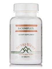 Nutri-West B-Complex bottle label highlights hypoallergenic formula for daily stress support.