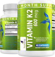 NutriZing K2 MK-7 600mcg bottle front, high-strength bone support potential