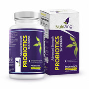 NutriZing vegan probiotics bottle label highlights a 16-strain formula for digestive balance.