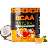 Nutrology BCAA Natural orange coconut powder tub showing the product and label benefits