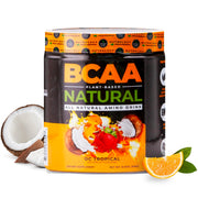 Nutrology BCAA Natural orange coconut powder tub showing the product and label benefits