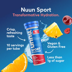 Nuun Sport tableta disolviéndose en agua para bebida rápida de electrolitos.