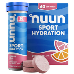 Nuun Sport Citrus Fruit tablets dissolve in water for refreshing hydration during workouts.