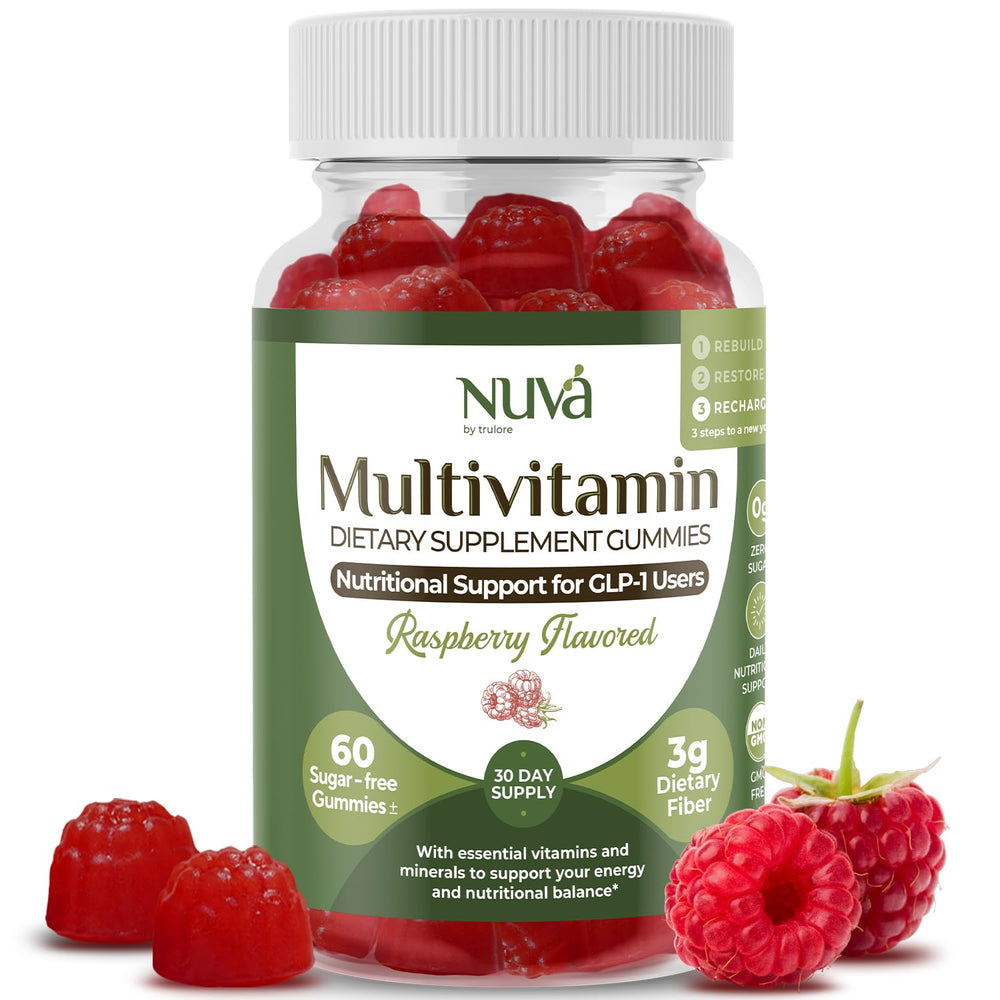 NuVa GLP-1 raspberry gummies packaging, 60-count bottle for daily use.