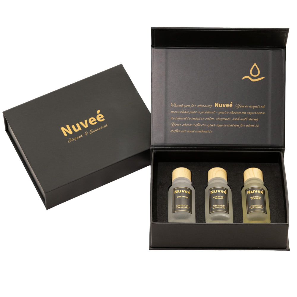Nuveé Midnight in Paris 20ml bottle ready for serene diffusion in a cozy space.