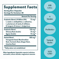 Nuven Naturals bottle highlights 10-billion CFU probiotics for gut balance