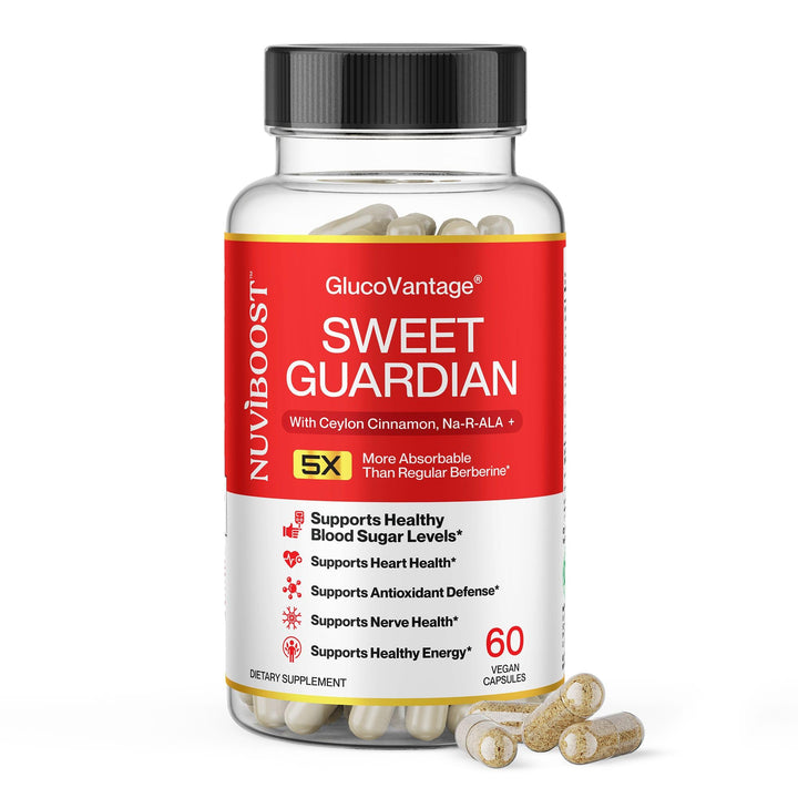 NUVIBOOST GlucoVantage bottle label highlighting premium immunity support for daily wellness.