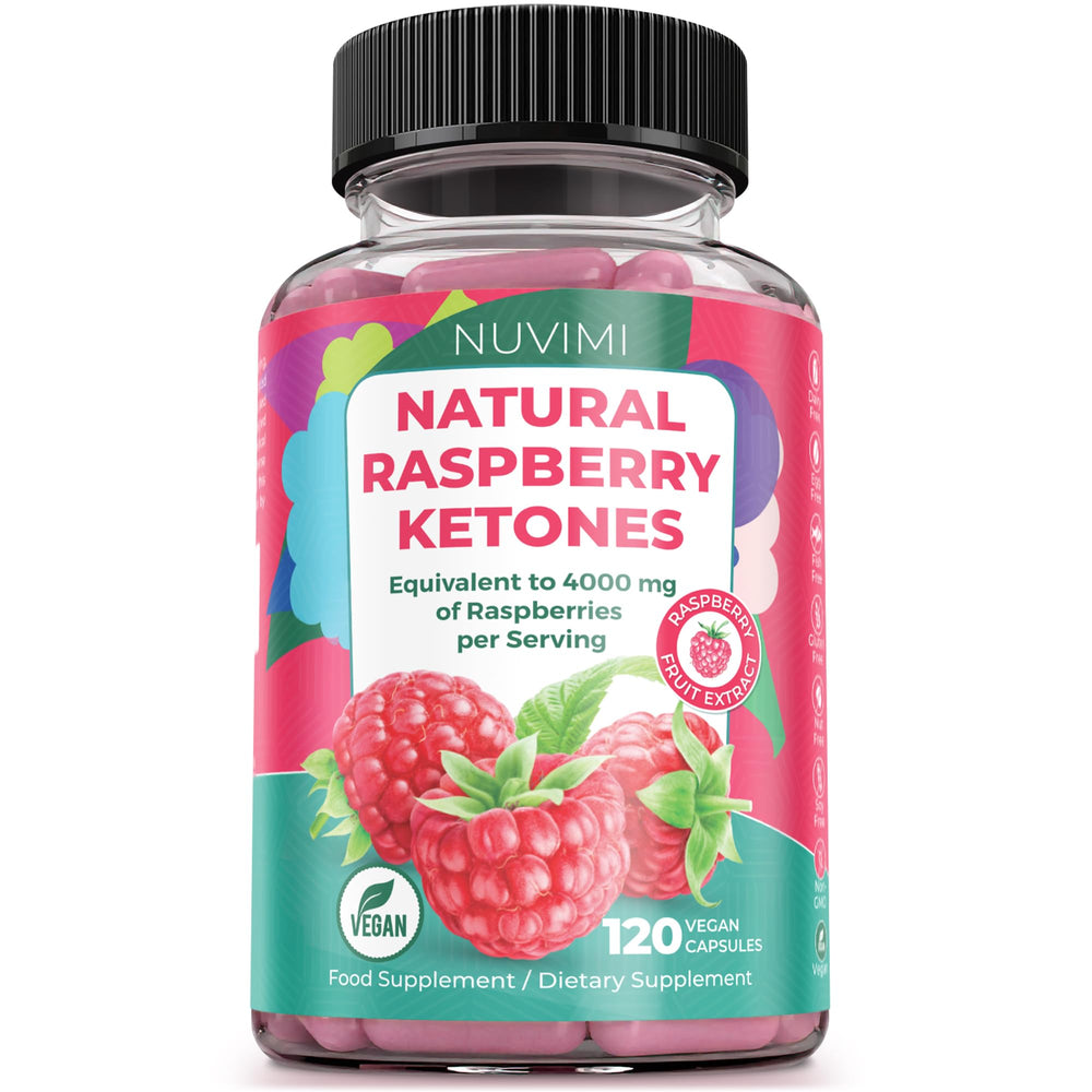 NUVIMI Raspberry Ketones bottle for metabolism support in a keto lifestyle.