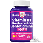 NuvitaGarden benfotiamine bottle front shows high-potency B1 for daily energy support.