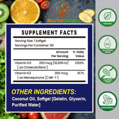 Close-up of NuvitaGarden D3 K2 softgel; compact and easy to swallow