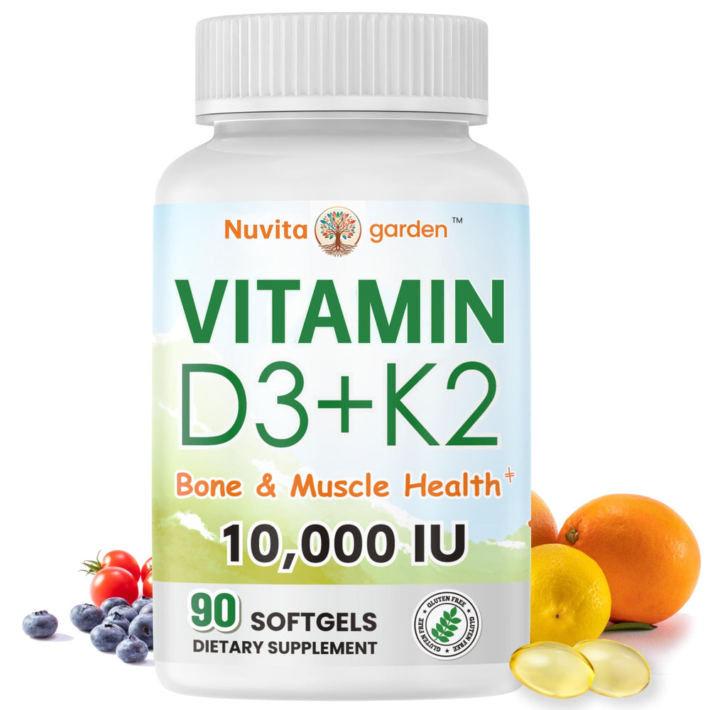 NuvitaGarden Vitamin D3 K2 softgels bottle supports bone health with high-potency D3 and K2