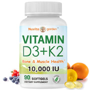 NuvitaGarden Vitamin D3 K2 softgels bottle supports bone health with high-potency D3 and K2