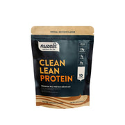 Nuzest pea protein powder tub front, premium vegan protein for clean energy and recovery.
