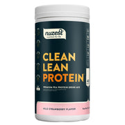Nuzest pea protein powder wild strawberry closeup showing smooth texture for mixing.