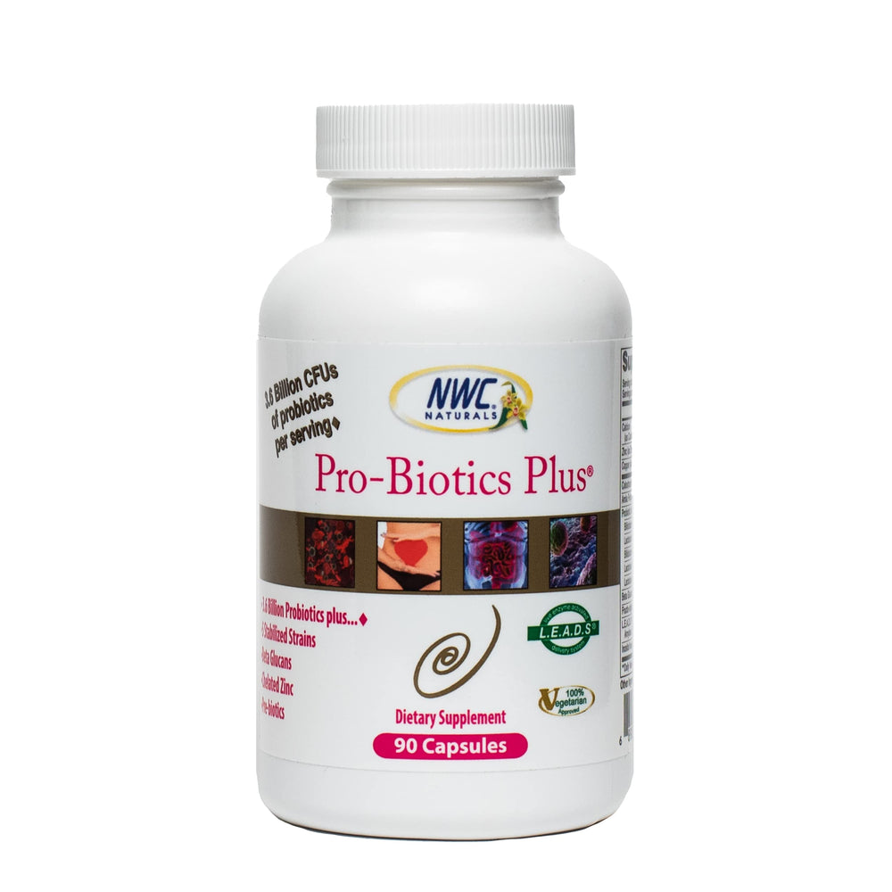 NWC Naturals Pro-Biotics Plus bottle front, vegetarian probiotic supporting immune balance and digestive comfort.