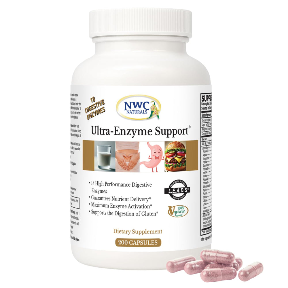 NWC Naturals Ultra-Enzyme Support bottle front for complete digestion support.